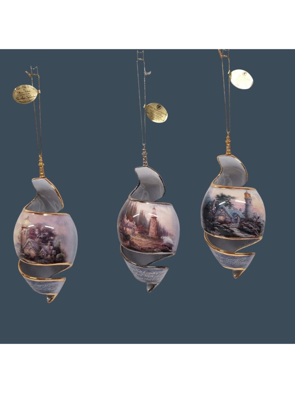 Thomas Kinkade Set of 3 Spiral Ornament Fifth Issue 2003 Shoreline Splendors